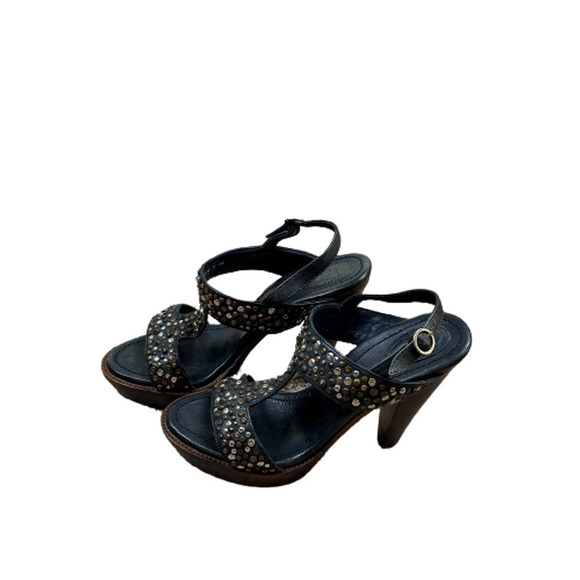 Frye "Joy" Black Slingback Studded Leather T-Strap Stacked Heel Pumps‎ Size 10B - Picture 1 of 10